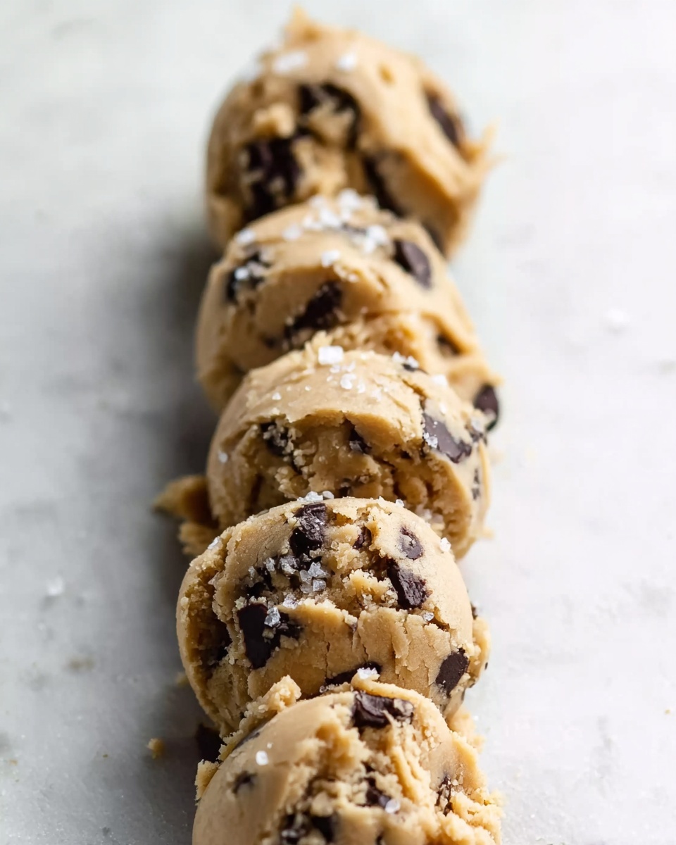 The image shows five scoops of raw cookie dough lined up on a white marbled surface. Each scoop is a light golden beige color with visible dark chocolate chunks embedded throughout, giving a contrast of colors and textures. The dough looks soft and slightly crumbly with some cracks and rough edges. Small white flakes, likely sea salt, are sprinkled on top of the dough scoops, adding a subtle texture detail. The focus is close-up, capturing the texture and color of the dough with a clean, simple background that enhances the dough's warm tones. photo taken with an iphone --ar 4:5 --v 7