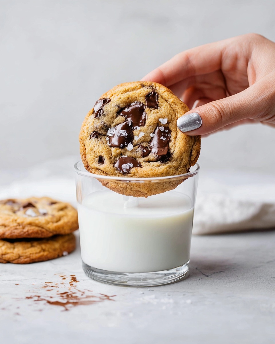A woman's hand with light skin and silver nail polish is holding a round chocolate chip cookie with visible dark chocolate chunks and small salt flakes on top, just above a clear glass filled with white milk that is slightly dripping. The cookie is golden brown with a soft, slightly textured surface. Behind the glass, a second cookie lays flat on a white marbled surface with some small chocolate smudges around it. The background is simple and light with a white marbled texture. photo taken with an iphone --ar 4:5 --v 7