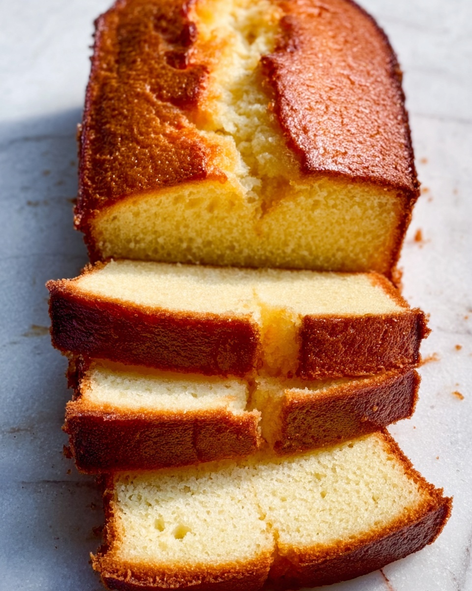 The image shows a loaf of golden cake on a white marbled surface. The cake is sliced into four thick pieces, with each slice revealing a soft, light yellow inside that looks moist and fluffy. The crust is golden brown and slightly crisp, with a textured top showing a small crack in the middle. The slices are stacked neatly in a row, highlighting the contrast between the darker outer crust and the pale interior. Photo taken with an iphone --ar 4:5 --v 7