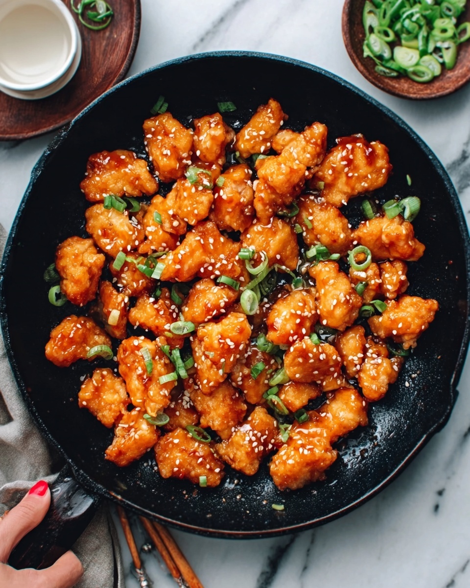 The image shows a round black skillet filled with small, golden-orange pieces of fried chicken that look crispy and lightly glazed. The chicken pieces are scattered evenly across the skillet surface, garnished with small slices of green onions and sprinkled white sesame seeds. The skillet rests on a white marbled surface, and parts of a white bowl of sauce and a small plate with green onion slices are slightly visible near the edge. A woman's hand is holding the skillet handle from the left side. photo taken with an iphone --ar 4:5 --v 7