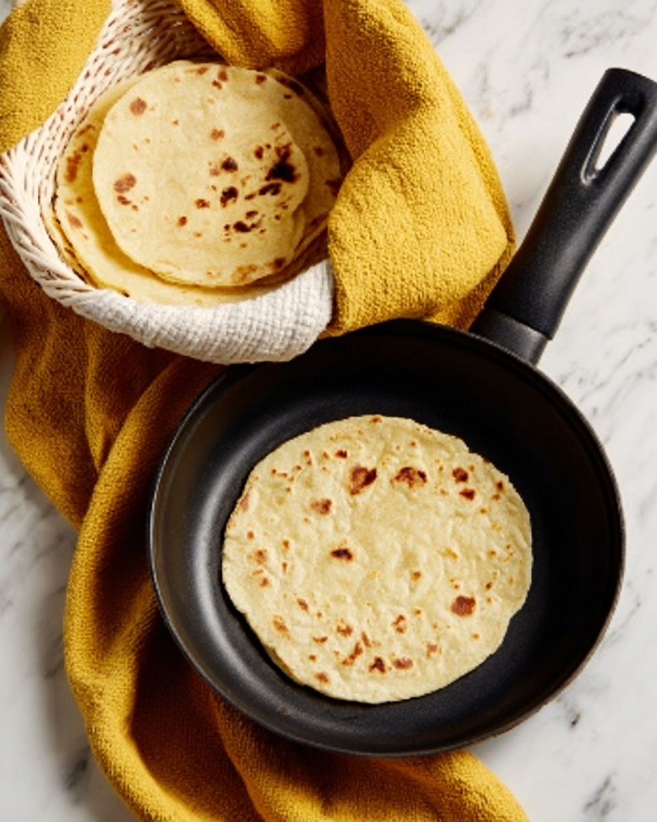 The image shows a small, round tortilla with light brown spots cooking in a black pan. The tortilla has a soft, slightly puffy texture with some darker bubbles on the surface. Next to the pan is a white basket holding a few more tortillas stacked on top of each other, partially covered with a yellow cloth. The setting is on a white marbled surface with another yellow cloth nearby. photo taken with an iphone --ar 4:5 --v 7