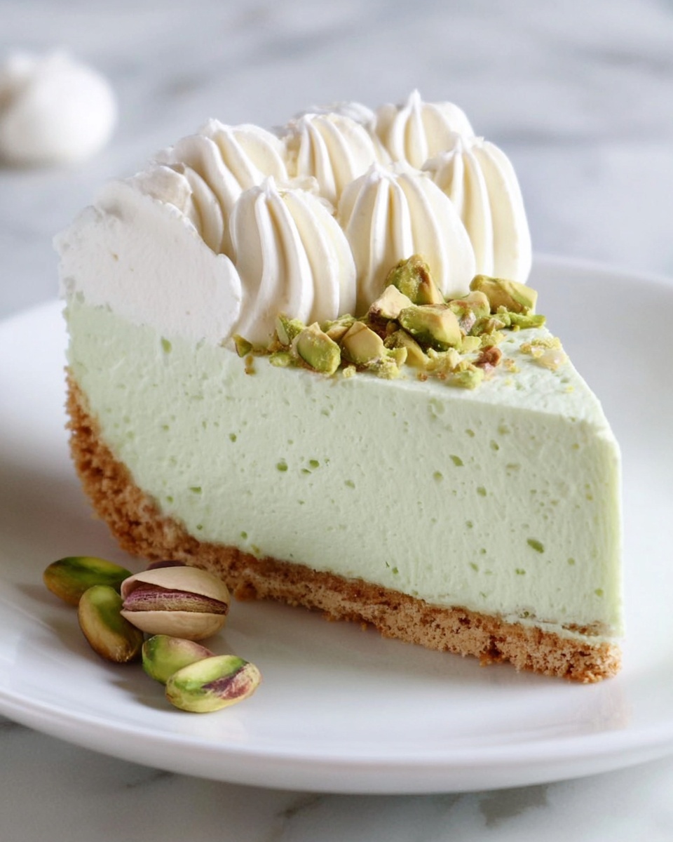 A slice of light green mousse cake sits on a white plate with a crumbly light brown crust at the bottom. The mousse layer is smooth and thick with a soft texture. On top of the mousse, there are small pieces of chopped green pistachios sprinkled near the front edge. The top layer consists of white whipped cream piped in thick, wavy lines across the slice, adding a fluffy texture. A few whole pistachios are scattered on the white marbled surface around the plate. Photo taken with an iphone --ar 4:5 --v 7