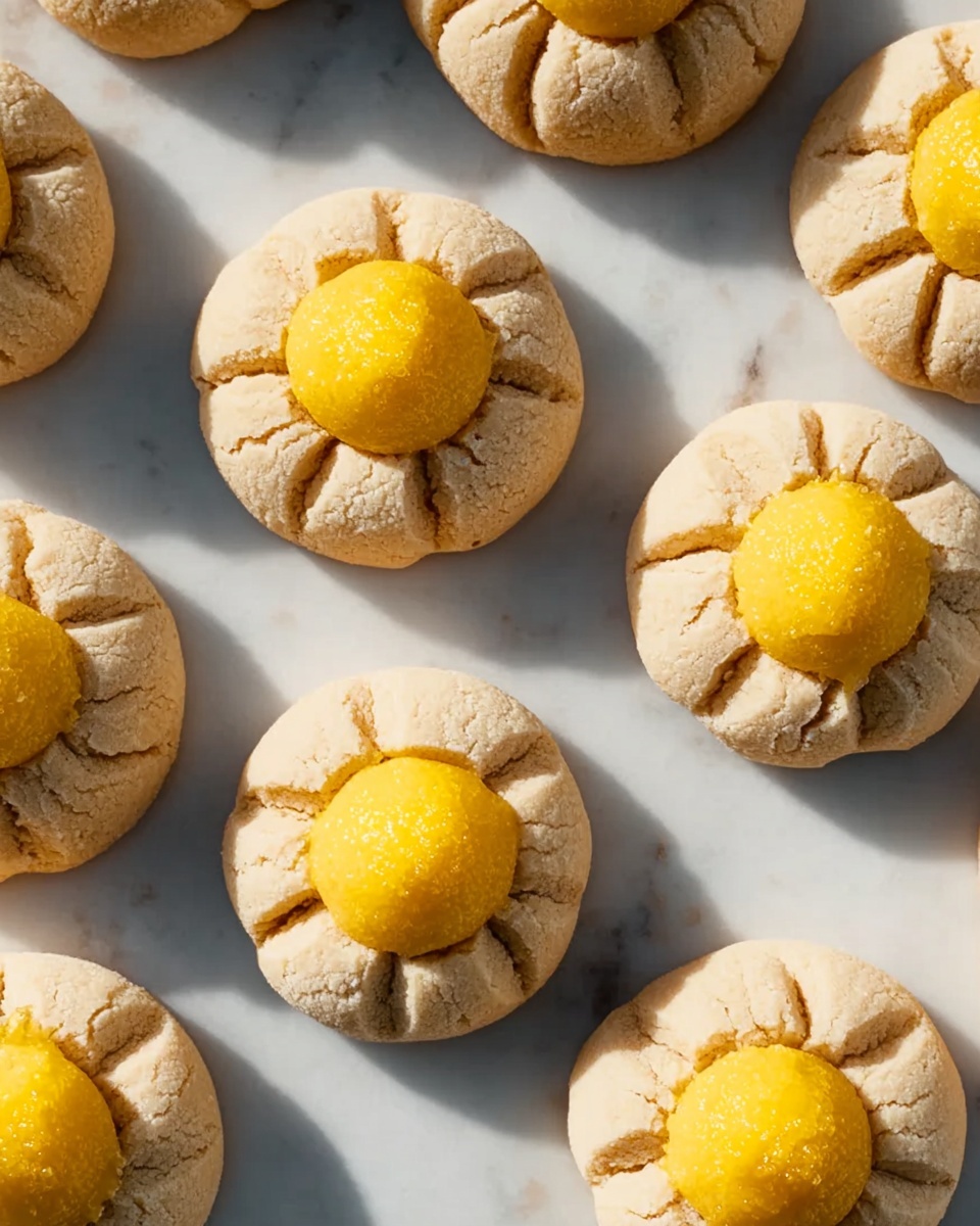 The image shows many round cookies placed over a white marbled surface. Each cookie has two layers: the bottom layer is a light beige color with cracks on its surface, forming a flower-like shape with visible segments, and the top layer is a smaller, smooth dome of the same light beige color centered on the bottom layer. On top of the small dome, there is a dollop of bright yellow filling with a slightly rough texture. The cookies are arranged in a scattered pattern with clear shadows around them. photo taken with an iphone --ar 4:5 --v 7