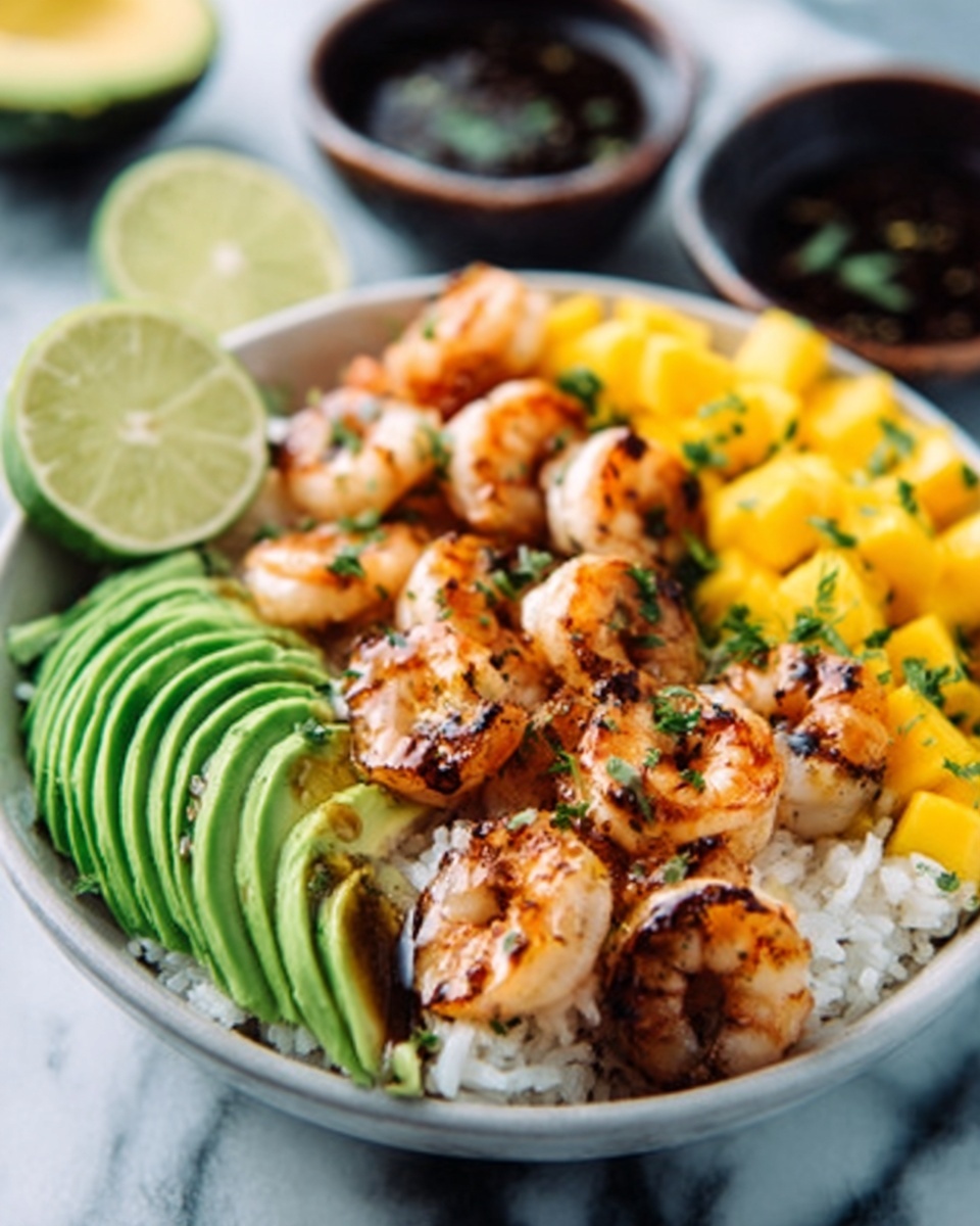 The image shows a white bowl filled with a colorful shrimp poke bowl placed on a white marbled surface. Inside the bowl, there are two main layers: the base layer of white rice covering the bottom and a top layer of evenly arranged grilled shrimp with a light brown color and char marks on one side. Next to the shrimp, thin slices of bright green avocado fan out neatly. On the opposite side, there are small cubes of yellow mango adding a fresh look. Garnishes of finely chopped green herbs are sprinkled over the dish along with a wedge of lime placed near the bowl. In the blurred background, small dark bowls with sauces add to the scene. Photo taken with an iphone --ar 4:5 --v 7