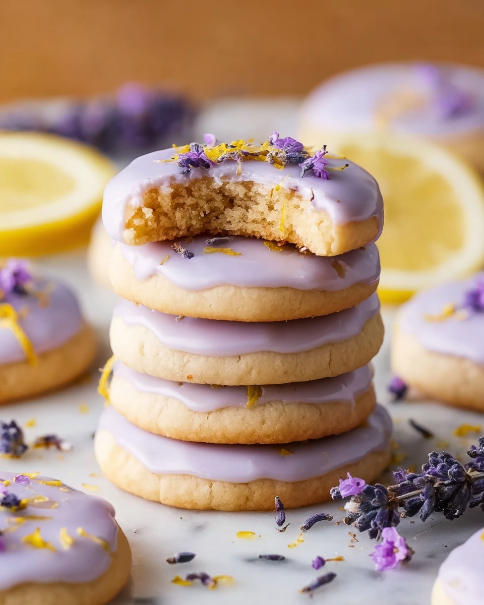 The image shows a stack of four round cookies with a soft beige color, each topped with a smooth, light purple icing layer. The top cookie has a bite taken out, revealing a crumbly texture inside. Small lavender flowers and tiny yellow zest pieces are delicately placed on the icing. Around the stack, there are more cookies with the same toppings, lemon slices, and clusters of lavender flower buds, all set on a white marbled surface. photo taken with an iphone --ar 4:5 --v 7