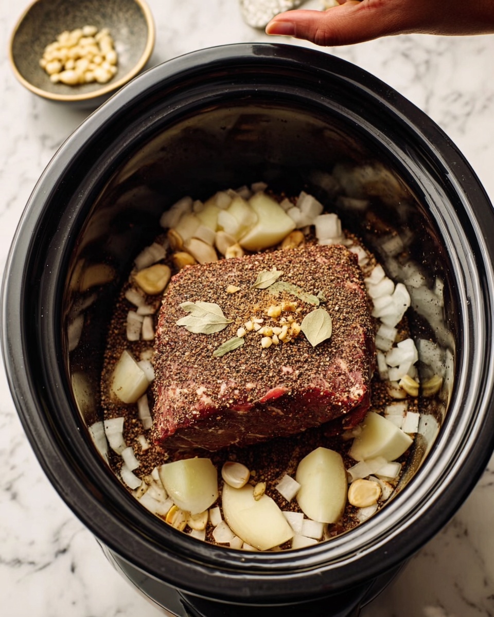The image shows a slow cooker with a large piece of seasoned meat placed in the center. The meat is dark brown with visible coarse black pepper and other dry spices on top. Underneath and around the meat, there are roughly chopped white onions and whole garlic cloves scattered, adding texture and light color contrast. The slow cooker has a black interior and rests on a white marbled surface. In the top part of the image, a woman's hand is seen holding a small bowl with more garlic cloves. Photo taken with an iphone --ar 4:5 --v 7