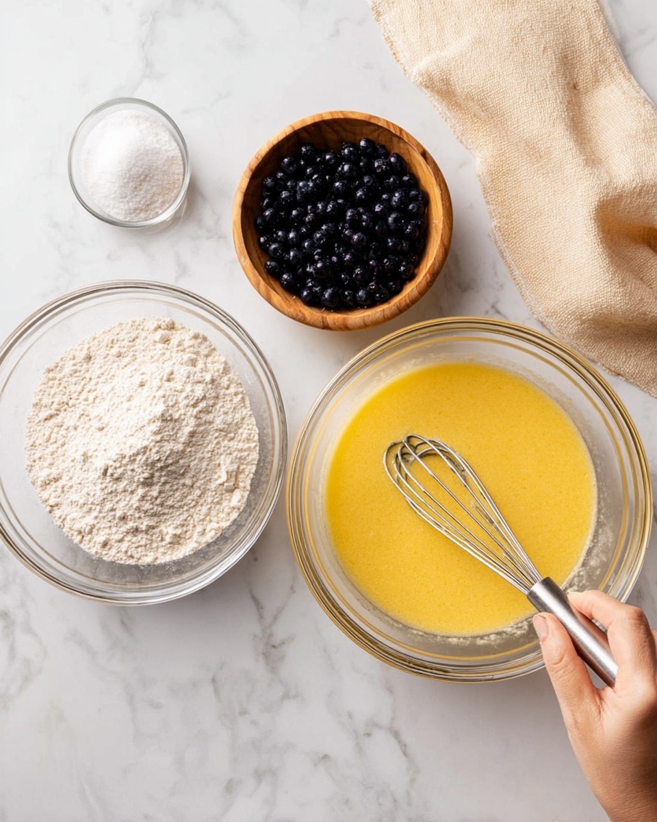 The image shows three bowls on a white marbled surface. The first bowl on the left is clear glass filled with separate piles of white flour, light beige sugar, and white powder on one side. The second bowl at the top is wooden and filled with small, dark blue or black berries. The third bowl on the right is clear glass with a yellow liquid mixture being stirred by a metal whisk held by a woman's hand. There is a light beige cloth partially folded near the top right corner of the image. Photo taken with an iphone --ar 4:5 --v 7