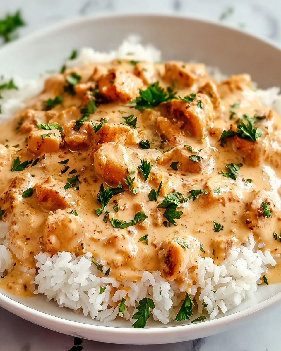 A white plate filled with a base layer of fluffy white rice, topped with a thick creamy sauce that is light orange-beige in color. Scattered throughout the sauce are small, browned pieces of chicken showing golden-brown edges. Bright green parsley leaves are sprinkled on top, adding a fresh pop of color. The plate sits on a white marbled surface, and the image focuses closely on the dish, showing the creamy texture and pieces of chicken clearly photo taken with an iphone --ar 4:5 --v 7