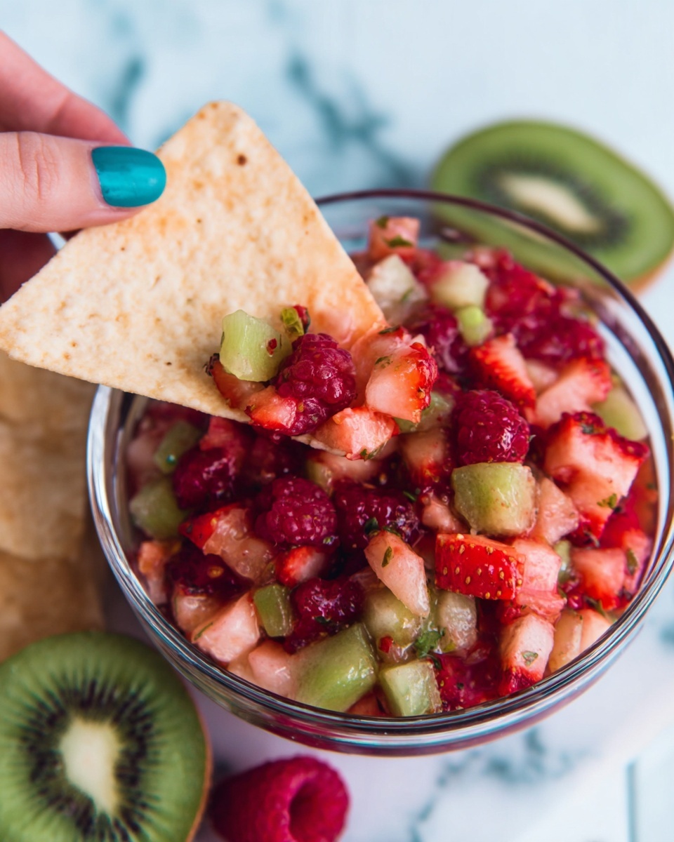 The image shows a close-up of a clear glass bowl filled with a colorful fruit salsa made of finely chopped red and pink strawberries, red raspberries, and small pieces of green kiwi. The fruit pieces have a juicy, soft texture and are mixed closely together, creating a vibrant, fresh look. A woman's hand with blue nail polish is holding a large, light beige tortilla chip that is partially dipped into the fruit salsa. Behind the bowl, a sliced green kiwi and a whole raspberry rest on a white marbled surface. The overall scene looks bright and fresh. photo taken with an iphone --ar 4:5 --v 7