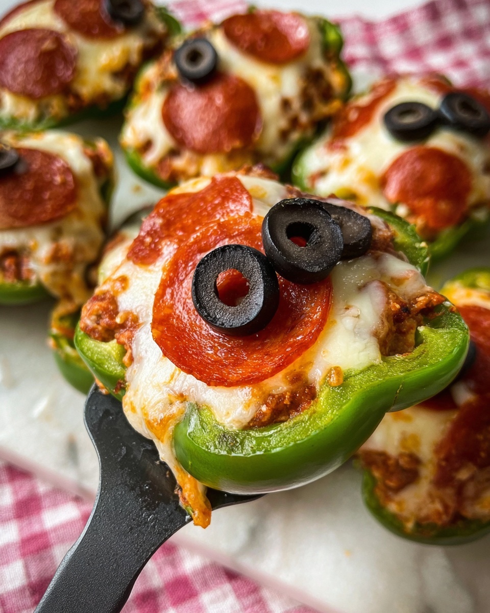 The image shows a close-up of a black spatula lifting a stuffed green bell pepper slice topped with layers of melted white and slightly golden cheese, two shiny reddish-brown pepperoni slices, and black olive slices. In the background, more of these stuffed green pepper slices with the same toppings are placed on a white marbled surface covered partially by a checkered pink and white cloth. The pepper edges are bright green and the cheese looks creamy and bubbly. The scene captures vibrant colors and melted textures clearly, photo taken with an iphone --ar 4:5 --v 7