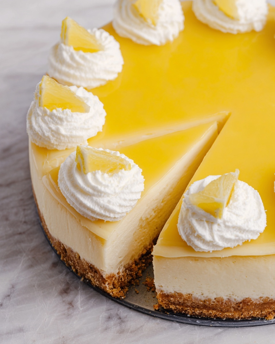 A cheesecake with three visible layers sits on a white plate with a white marbled texture underneath. The bottom layer is thick and crumbly with a light brown color, serving as the crust. The middle layer is creamy and pale yellow, smooth in texture. The top layer is a bright yellow glossy lemon topping, evenly spread and slightly shiny. Around the edges of the cheesecake, there are white dollops of whipped cream, each topped with a small wedge of fresh lemon. One slice is partially removed, showing a clean cut and the smooth layers inside. Photo taken with an iphone --ar 4:5 --v 7