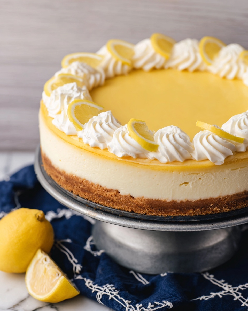 A round lemon cheesecake with three visible layers sits on a metal cake stand. The bottom layer is a medium brown crumb crust, the middle layer is a creamy off-white cheesecake, and the top layer is a smooth bright yellow lemon topping. Around the edge of the top layer, there are swirls of white whipped cream decorated with thin lemon slices placed at intervals. The cake stand rests on a navy blue cloth with white stitching, and a lemon half is placed nearby on a white marbled surface. Photo taken with an iphone --ar 4:5 --v 7