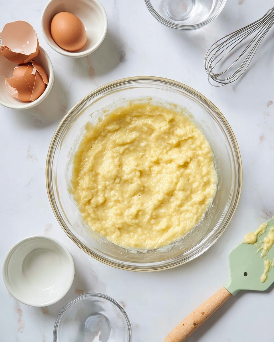 A clear glass bowl at the center holds a thick pale yellow mixture with small lumps, showing a soft, mashed texture. Around it, on a white marbled surface, there are several small clear and white bowls—the white bowl on the left holds some cracked brown eggshells nested inside. A metal whisk and a clear glass bowl sit near the edge of the image, while a light green spatula with a wooden handle lies diagonally near the bottom right corner, with traces of the same yellow mixture on its surface. The overall setup looks clean and bright, with natural light highlighting the details. Photo taken with an iphone --ar 4:5 --v 7