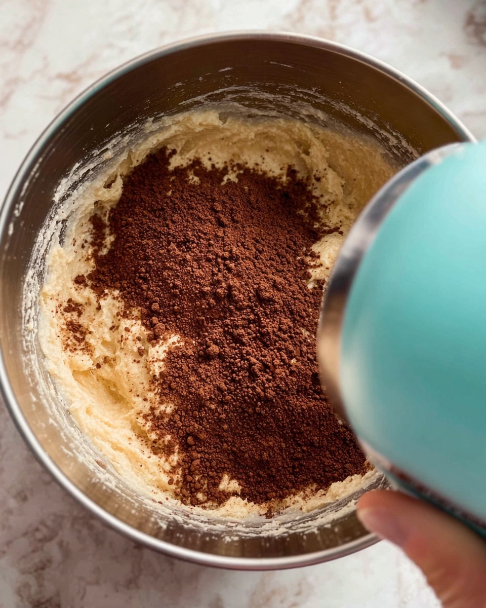 A close-up view of a metal mixing bowl containing two main layers of ingredients: a light beige creamy dough at the bottom and a layer of dark brown cocoa powder sprinkled unevenly on top. The light beige dough looks soft and slightly textured, while the dark brown cocoa powder has a smooth, powdery texture. The top right corner shows part of a turquoise electric mixer with beaters coated lightly with dough, held by a woman's hand on the bottom right edge of the frame. The bowl is resting on a white marbled surface. Photo taken with an iphone --ar 4:5 --v 7