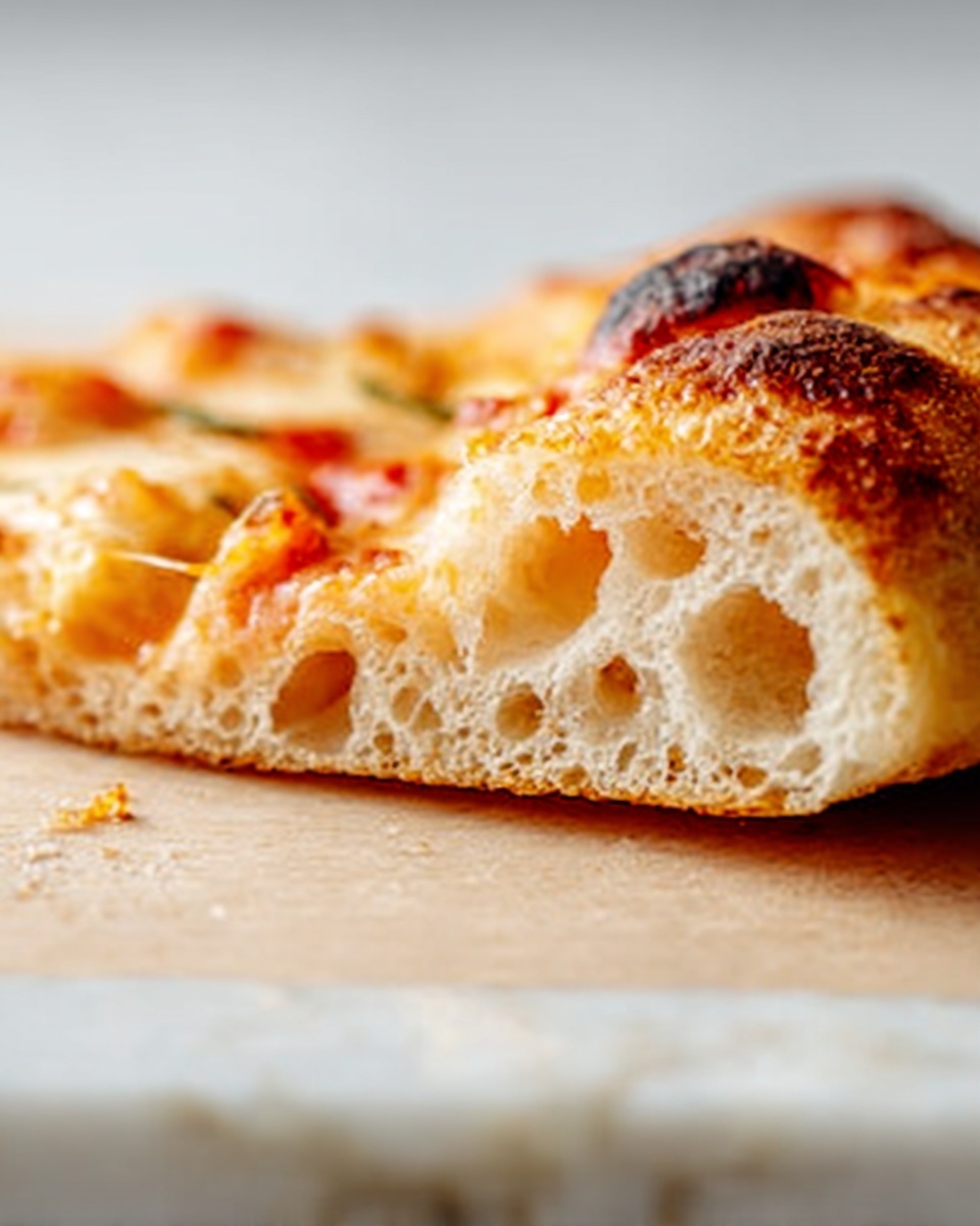 The image shows a close-up of a slice of pizza resting on a light-colored wooden surface with a white marbled background. The pizza has two visible layers: the base is light brown and porous with an airy, soft texture, and on top, there is melted cheese with a golden, slightly browned look and small orange spots of sauce. The edge of the pizza crust is puffy and golden-brown with some charred spots, showing a crispy texture. The photo focuses on the side of the slice, emphasizing the airy dough and melted cheese. photo taken with an iphone --ar 4:5 --v 7