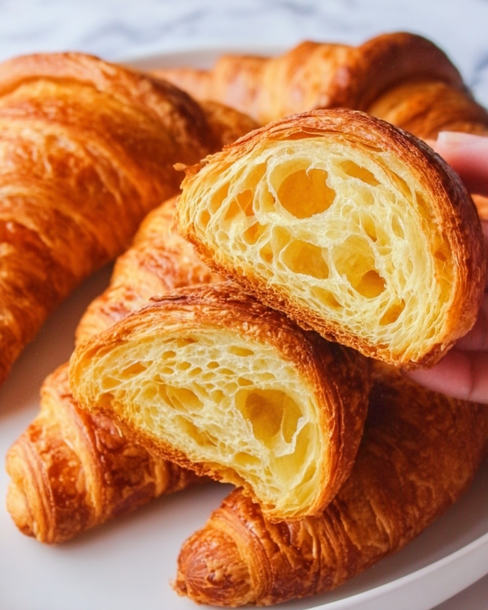 The image shows several golden brown croissants on a white plate. One croissant is held by a woman's hand and is broken open to show a soft, airy inside with many layers and holes, highlighting a light yellow color and flaky texture. The croissants have a shiny, crisp crust with a slightly darker golden tone on the outside. The background is a white marbled surface, giving a clean and bright look. photo taken with an iphone --ar 4:5 --v 7