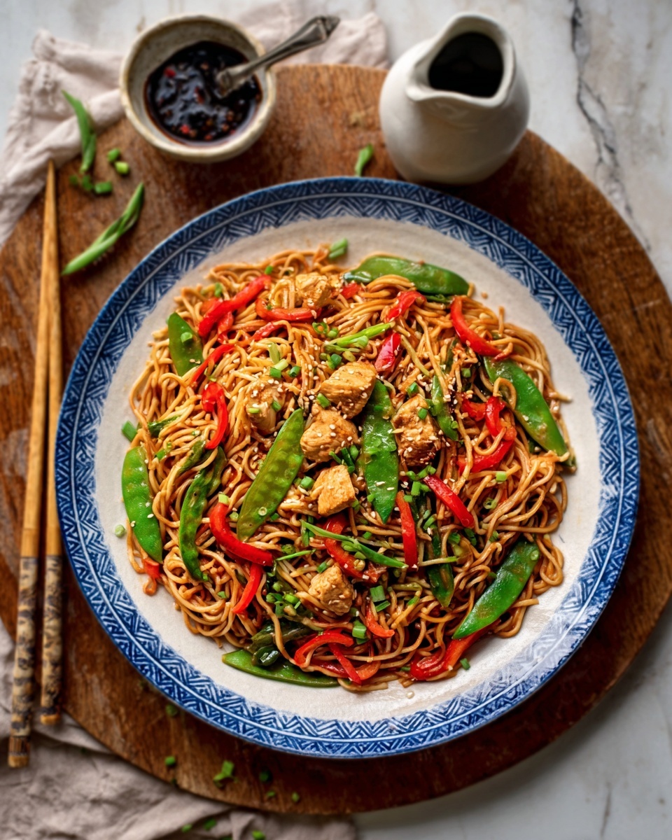 The image shows a blue-rimmed white plate filled with a colorful noodle dish. The bottom layer consists of thin, light brown noodles spread evenly. On top, there are small, round pieces of light brown chicken scattered throughout. Bright green snap peas and long strips of red bell pepper are spread across the noodles, adding vivid green and red colors. The dish is sprinkled with small chopped green onions, adding tiny green details. The plate sits on a white marbled surface, and around it are wooden chopsticks and a small white pitcher and a white bowl with dark sauce and a spoon. Photo taken with an iphone --ar 4:5 --v 7