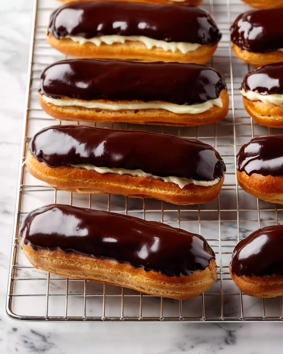 The image shows seven éclairs arranged on a silver wire rack placed on a white marbled surface. Each éclair has three clear layers: the bottom is a light golden-brown pastry that looks soft and slightly crisp; the middle layer is filled with creamy white custard visible at the ends; the top is coated with a shiny, smooth dark chocolate glaze that covers the entire top surface. The éclairs are evenly spaced, and the chocolate topping reflects light, giving them a fresh, glossy appearance. photo taken with an iphone --ar 4:5 --v 7