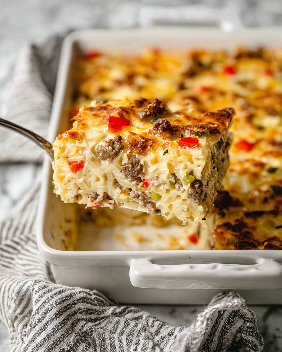 A close-up view of a square slice of baked casserole lifted above a white baking dish with handles. The casserole slice has multiple layers: a top layer of melted golden cheese with browned spots, scattered small chunks of red and green vegetables, and bits of browned meat mixed throughout. The interior layers show a creamy texture with visible small pieces of pasta or noodles, finely chopped vegetables, and ground meat all combined in a slightly firm, baked mixture. The white baking dish is set on a textured white marbled surface with parts of a gray and white striped cloth underneath. Photo taken with an iphone --ar 4:5 --v 7