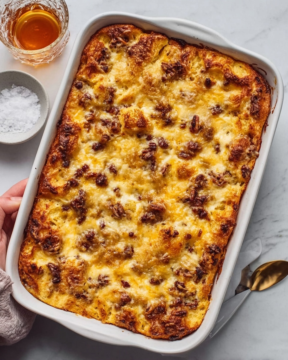 A white baking dish filled with a golden brown baked casserole. The top layer is uneven with melted cheese that has browned spots, giving a crispy texture with some darker crispy bits scattered all over. There are small chunks of browned ingredients, possibly meat or vegetables, visible through the cheese layer. The dish sits on a white marbled surface with a small white bowl of salt and a clear glass of amber liquid nearby. A woman's hand is holding the side of the baking dish. photo taken with an iphone --ar 4:5 --v 7