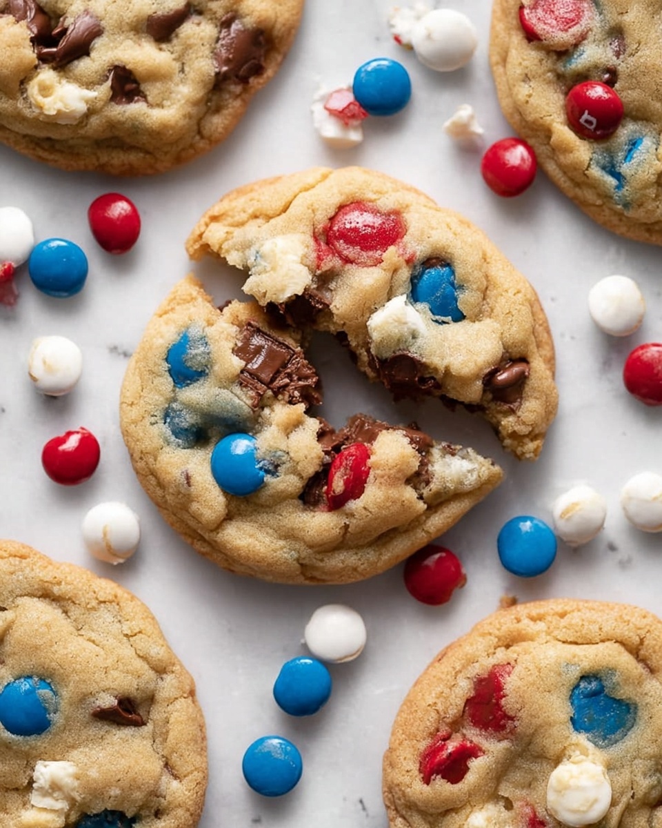 The image shows several round cookies with a soft, golden-brown texture. Each cookie has colorful red, blue, and white candy-coated pieces scattered on top, along with smooth, melted chocolate chips. One cookie in the center is broken in half, showing the chewy inside with chocolate chips and candy pieces embedded inside. Around the cookies, more colorful candy pieces are spread on a white marbled surface, adding bright pops of red, blue, and white color. The scene is well-lit, with clear focus on the crumbly, fresh texture of the cookies. photo taken with an iphone --ar 4:5 --v 7