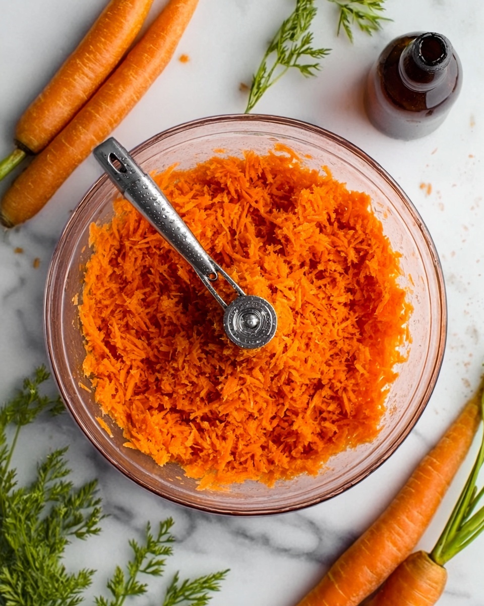 The image shows a clear glass bowl filled with finely chopped bright orange carrots. Inside the bowl, there is a metal tool with a handle resting on the carrots, appearing to be used for grating or mixing. The bowl sits on a white marbled surface, surrounded by fresh whole carrots with green tops, some lying horizontally and one near the top right corner slightly angled. A small dark bottle is also visible at the top left corner of the image. The colors are vibrant with the pop of orange from the carrots standing out against the clean white marbled background. photo taken with an iphone --ar 4:5 --v 7