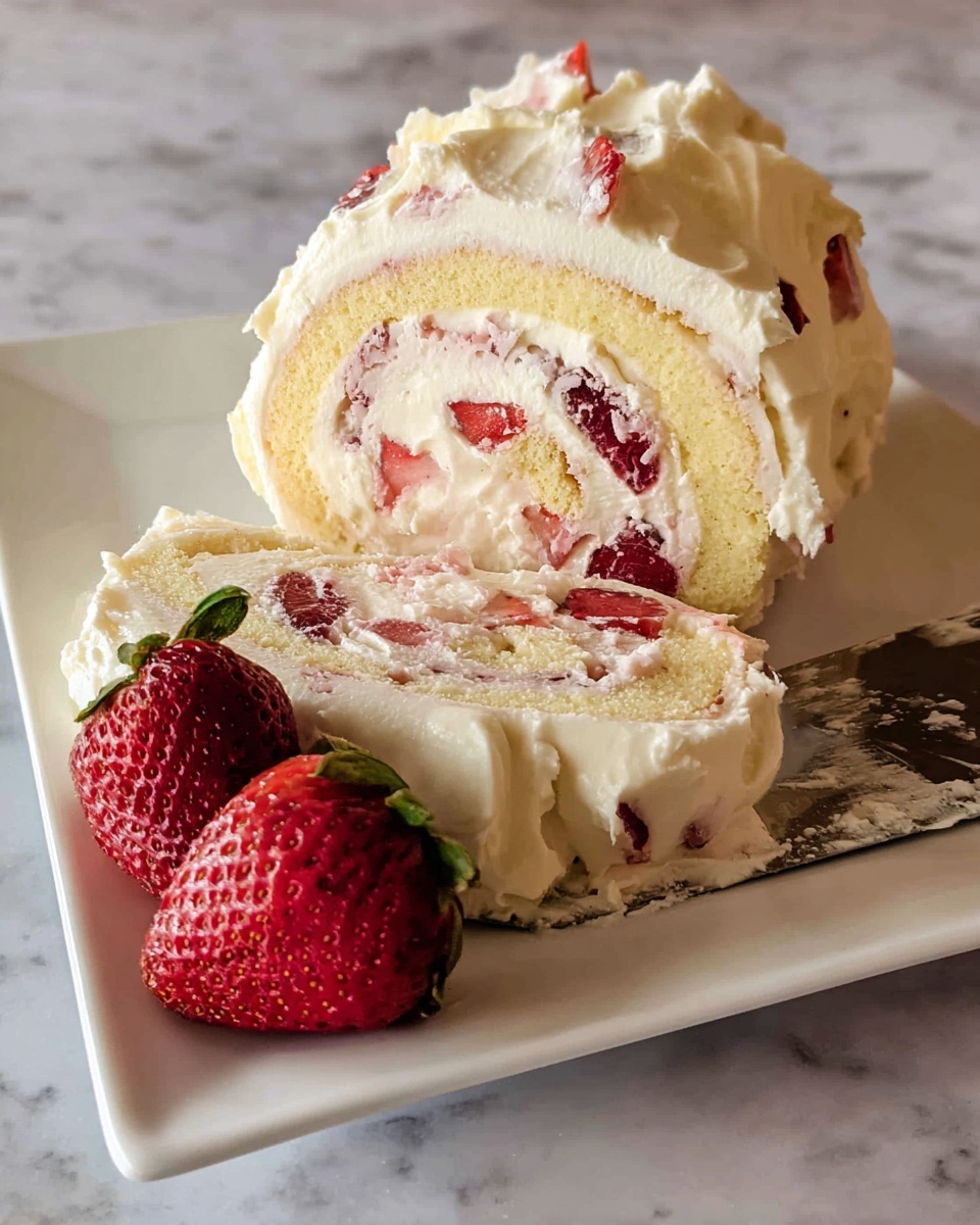 A rolled cake sliced to show three inner layers: a light yellow sponge cake wrapped around a creamy layer with visible chunks of red strawberries, all covered in a thick layer of creamy off-white frosting that spreads unevenly around the outside. Two whole strawberries with vibrant red color and green tops rest on a white square plate beside the roll. The plate sits on a white marbled surface that contrasts with the soft cake layers, and there is a metal spatula nearby with some frosting on it. The photo taken with an iphone --ar 4:5 --v 7