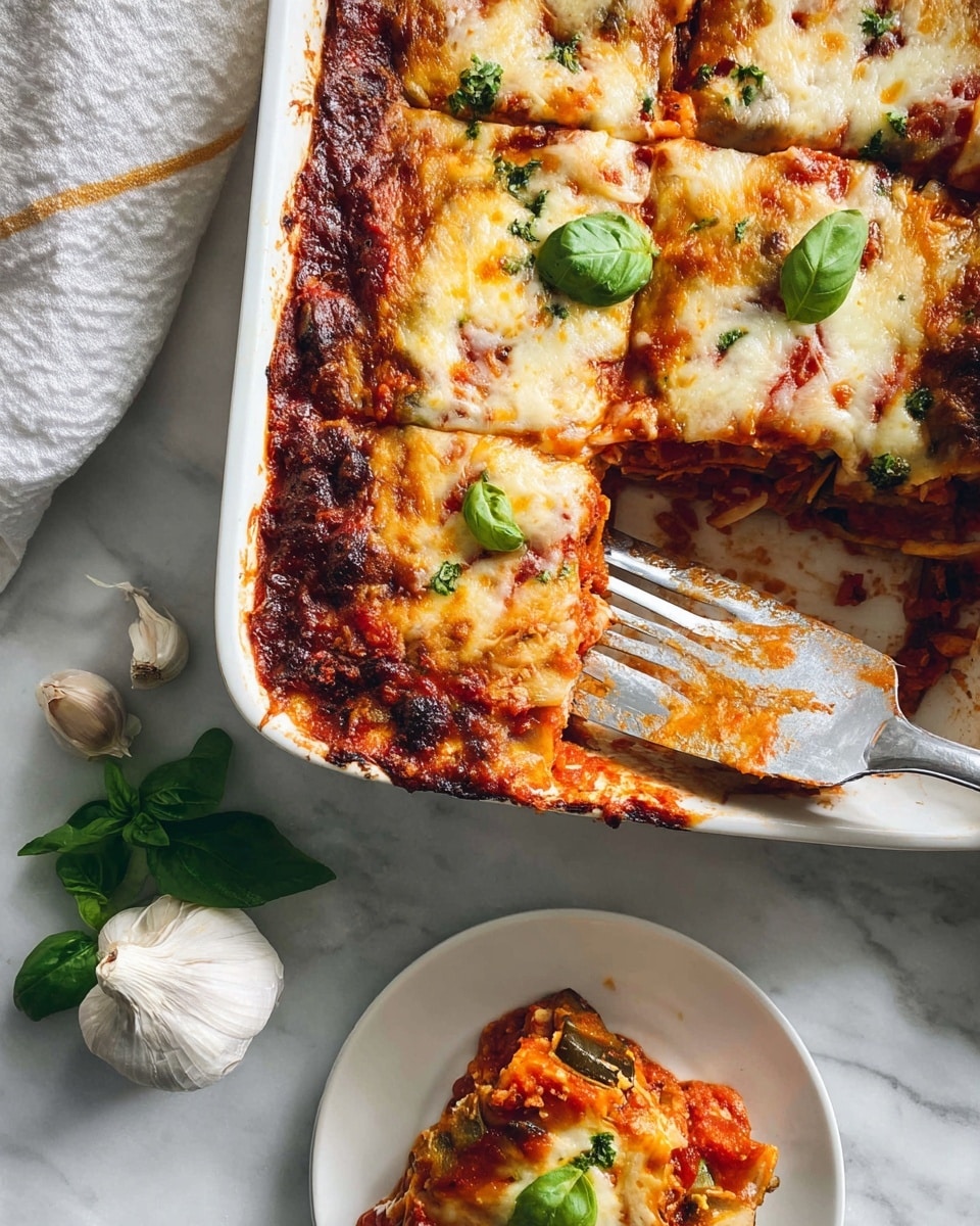 The dish is a baked layered casserole sliced into pieces in a white rectangular dish. The top layer is golden brown melted cheese with some green basil leaves scattered around. Under the cheese are visible layers of rich red tomato sauce and slightly charred pieces of vegetables with hints of orange and purple, likely eggplants and peppers. The edges of the dish have a dark, crispy crust where the sauce has baked onto the sides. One triangular piece is being lifted with a metal spatula showing the layers clearly. A plain white plate with one piece is placed nearby on a white marbled surface, alongside a bulb of garlic and fresh basil leaves. Photo taken with an iphone --ar 4:5 --v 7