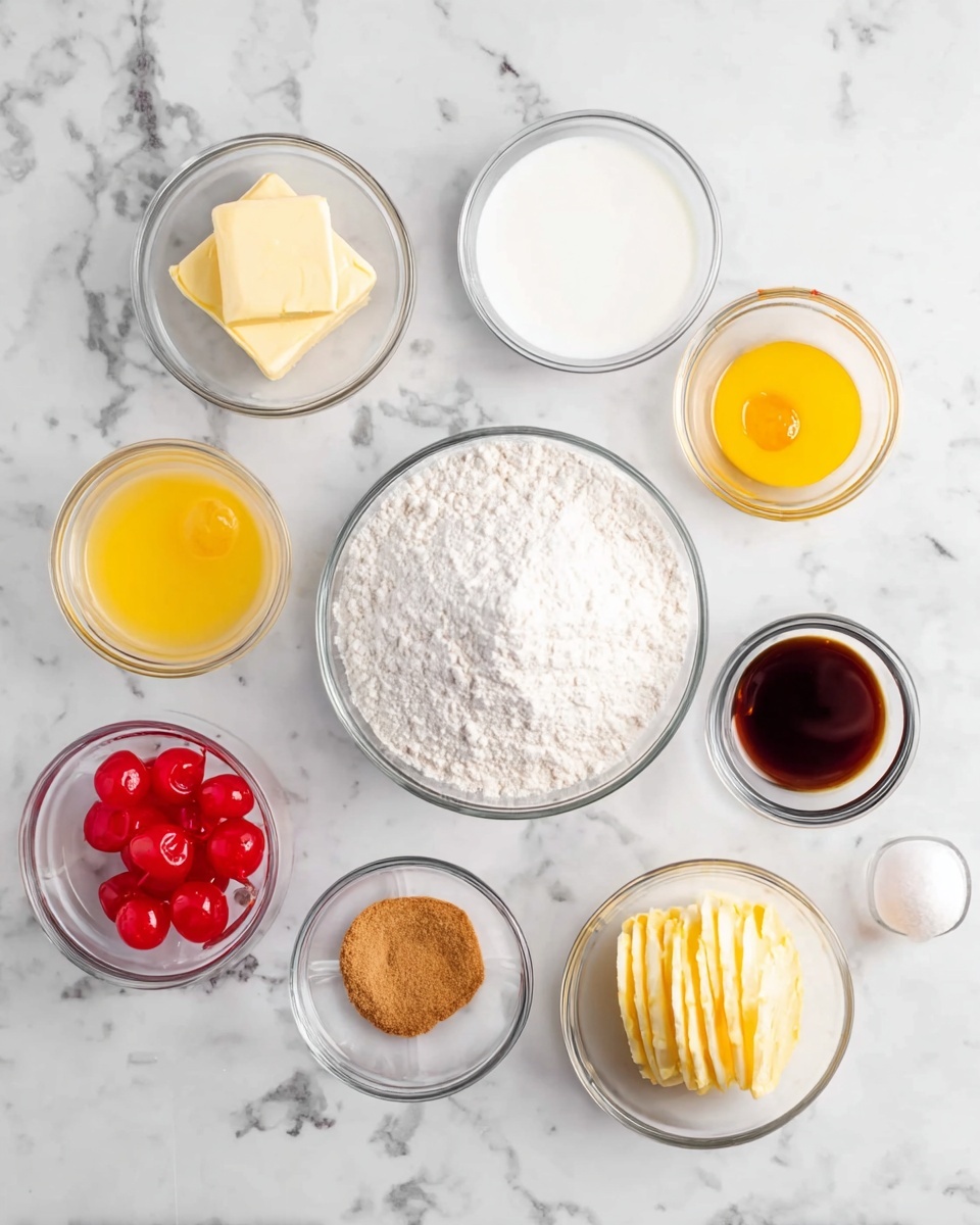 The image shows ten small glass bowls arranged neatly on a white marbled surface. The largest bowl, placed in the center, holds white flour with a powdery texture. Surrounding it are smaller bowls: one with white milk, clear and smooth; one with bright yellow melted butter; one with light brown brown sugar; one with a pale yellow beaten egg mixture; one with white baking powder; one with small white salt; one with dark brown vanilla extract; one with bright red maraschino cherries, shiny and round; and one with three thin, pale yellow pineapple rings stacked inside. In the top left corner is a small glass bowl containing a square of light yellow butter. The arrangement and variety of ingredients suggest a baking preparation scene. Photo taken with an iphone --ar 4:5 --v 7