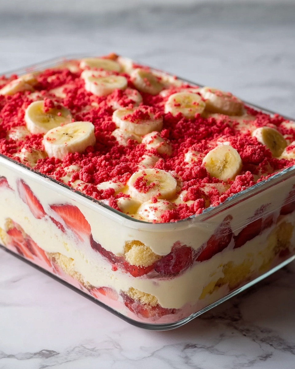 A clear rectangular glass dish filled with a layered dessert. The bottom layer is made of sliced red strawberries against creamy white filling. Above that is a layer of sponge cake pieces mixed with banana slices and cream. The middle section has a thick creamy white layer with more banana slices arranged on top, partially covered by bright red crumbly bits scattered unevenly across the surface. The dish sits on a white marbled surface. photo taken with an iphone --ar 4:5 --v 7