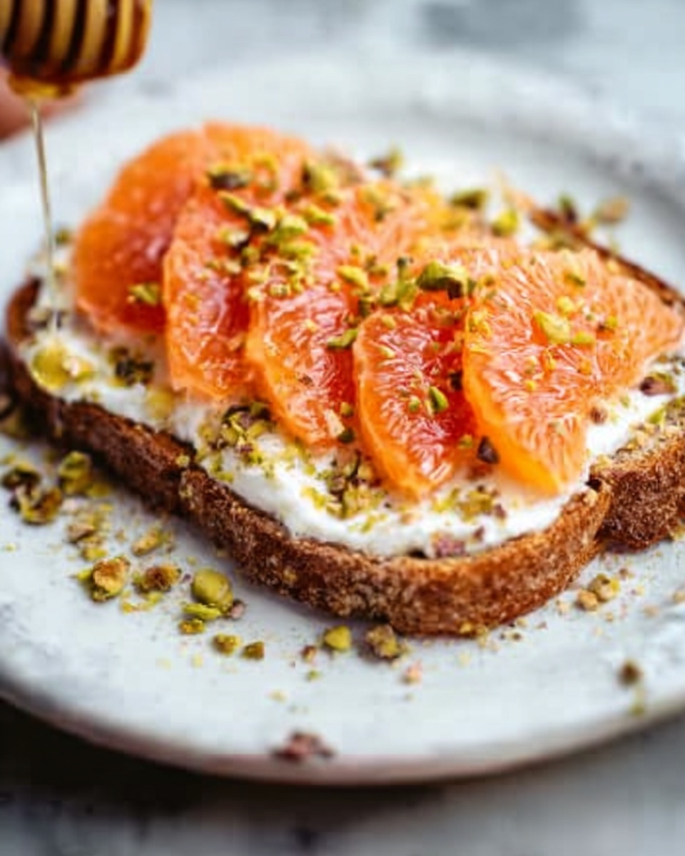 The image shows a single slice of toasted brown bread on a white plate with a white marbled surface beneath. The toast is spread with a creamy white layer, likely yogurt or soft cheese. On top of this, there are several bright orange grapefruit segments arranged neatly in a row, slightly overlapping. Small green crushed nuts, probably pistachios, are sprinkled over the grapefruit and creamy layer, adding texture and color contrast. In the top right corner, a woman's hand is seen drizzling golden honey over the toast. Photo taken with an iphone --ar 4:5 --v 7