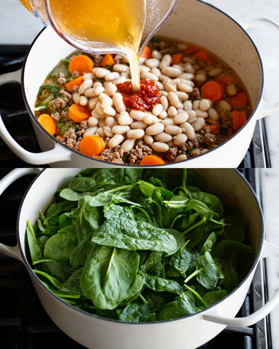 A white pot sits on a stove above a black grate. Inside the pot, the bottom layer is cooked ground meat mixed with chopped celery and sliced orange carrots. On top of this is a large pile of white beans and a small dollop of red tomato paste. A light broth is being poured into the pot from a clear measuring cup, adding a transparent golden layer. In the second image, the pot shows the cooked mixture with an added thick layer of bright green fresh spinach leaves covering most of the top. A creamy white sauce is being poured over the spinach from the same measuring cup. The black inside of the white pot contrasts with the colorful layers inside. The white marbled surface is barely visible around the stove edges. photo taken with an iphone --ar 4:5 --v 7
