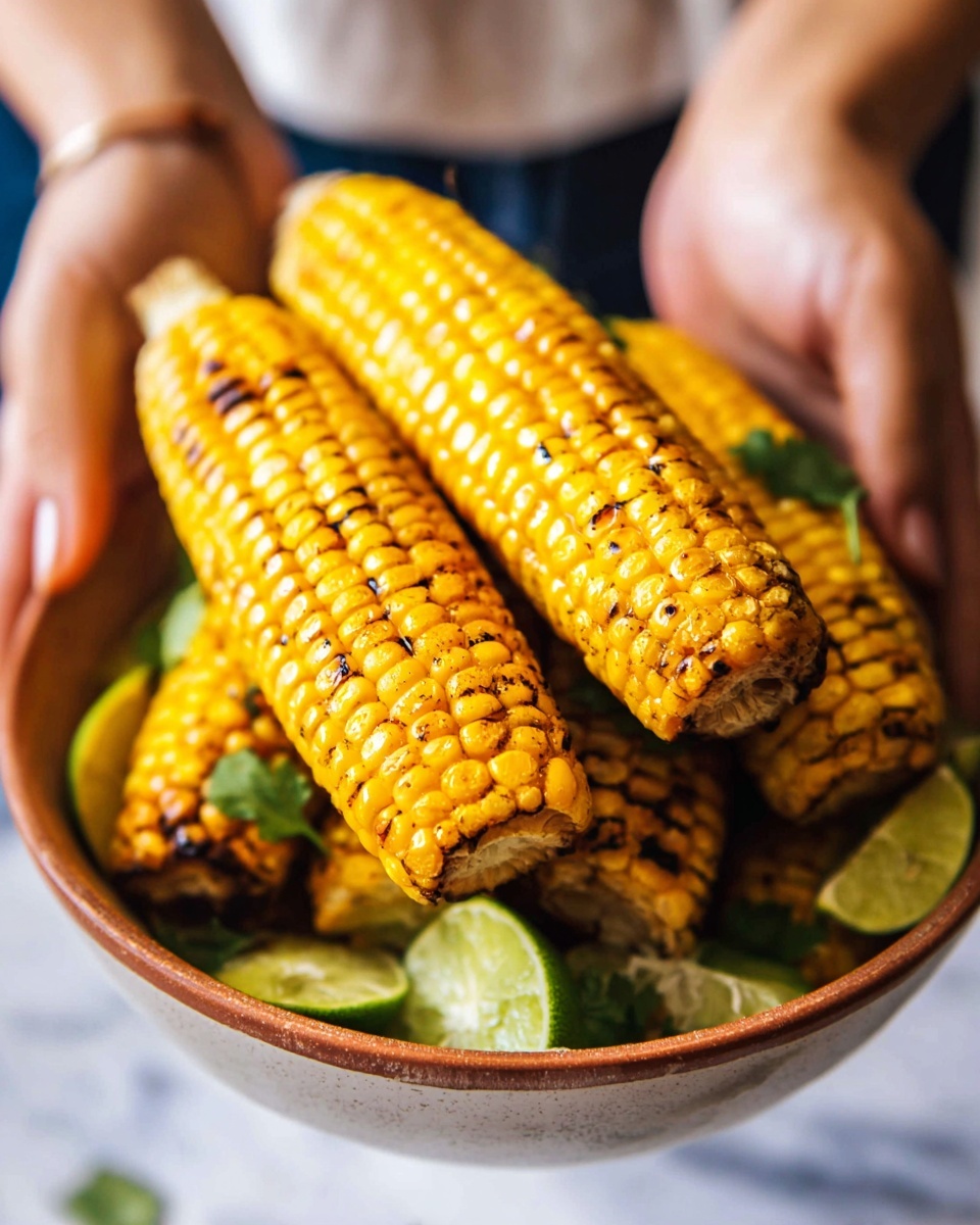 A close-up view of bright yellow grilled corn on the cob held by two woman's hands, showing char marks and small black seasoning spots. Below, many grilled corn pieces piled together in a bowl with green herb leaves and lime wedges scattered inside. The background and surface have a soft white marbled texture, keeping focus on the warm colors of the corn. The scene captures a fresh, tasty, and inviting vibe. photo taken with an iphone --ar 4:5 --v 7