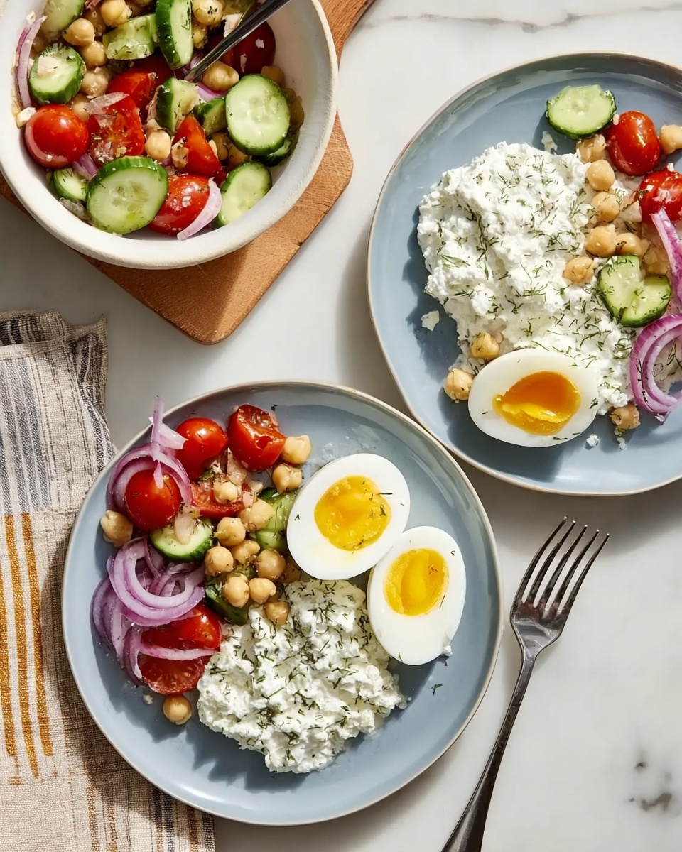 The image shows two white plates with a layer of creamy white cottage cheese mixed with herbs covering about half the plate. Next to the cottage cheese, on the lower left side of each plate, is a small salad made up of red cherry tomatoes, light brown chickpeas, light green cucumber chunks, and thin slices of red onion. Each plate also has a halved soft-boiled egg with a bright yellow yolk near the salad. In the top left corner, there is a white bowl filled with more of the same salad ingredients and a silver spoon resting inside. The whole scene is set on a white marbled surface with a beige cutting board and striped cloth nearby. Photo taken with an iphone --ar 4:5 --v 7