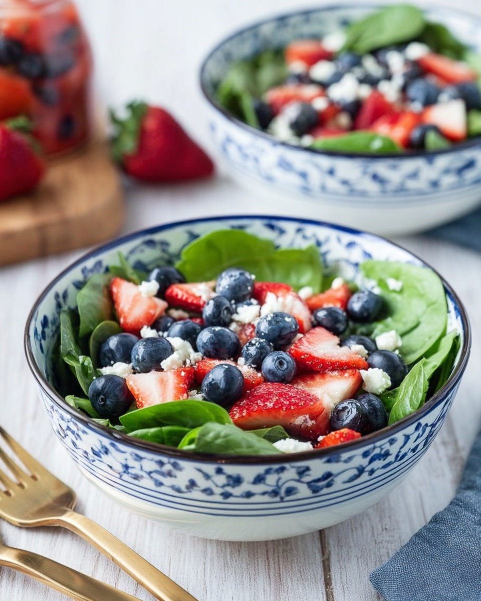 Two white bowls with a blue pattern on the inside rim are filled with a fresh salad. The first layer is green spinach leaves with a smooth texture, sitting at the bottom. On top, there are whole round blueberries that are dark blue and shiny. Scattered among the blueberries are bright red and white strawberry pieces with a juicy texture. Small bits of white cheese are sprinkled over the fruits and greens. The bowls are placed on a white marbled textured surface, with two gold forks resting next to them. A woman's hand lightly touches the edge of one bowl in the background. Photo taken with an iphone --ar 4:5 --v 7