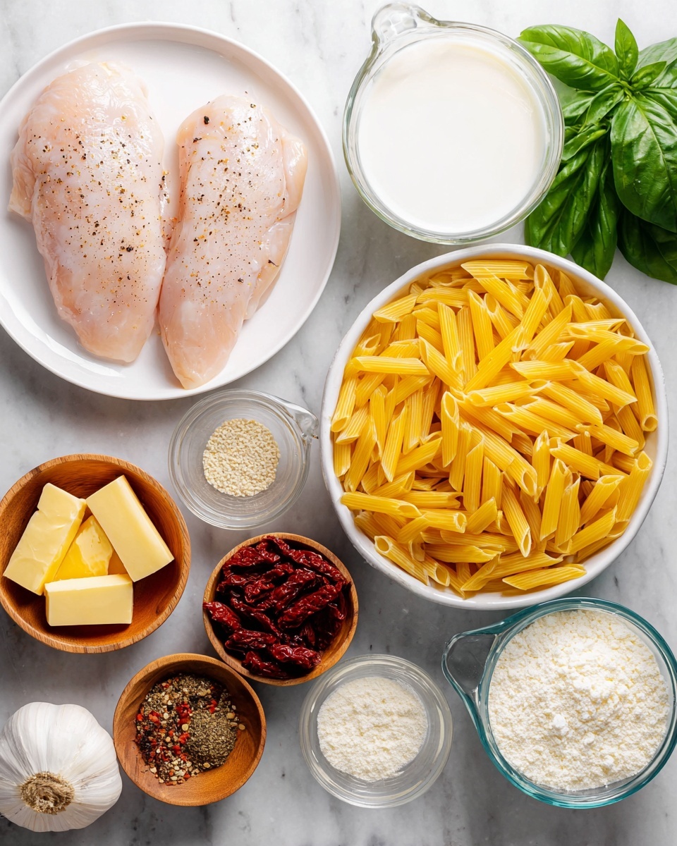 The image shows an overhead view of various cooking ingredients arranged on a white marbled surface. There is a white bowl filled with dry yellow penne pasta slightly right of center. To the left is a white plate with two pieces of raw, pale pink chicken seasoned with black pepper. Surrounding these main items are small wooden bowls containing a light yellow butter sliced into blocks, grated white cheese, dark red sun-dried tomatoes, and mixed spices in different colors. Glass measuring cups hold white milk and light yellow broth. A whole white garlic bulb is placed near the ingredients. Bright green basil leaves are visible in the top right corner. The scene is clean and organized with natural lighting. Photo taken with an iphone --ar 4:5 --v 7