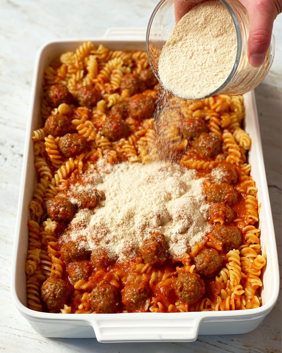The white rectangular dish is filled with a layer of spiral pasta mixed with tomato sauce, topped evenly with small brown meatballs scattered throughout. A woman’s hand is shown pouring a light dusting of fine, pale cheese powder in a uniform layer over the pasta and meatballs. The dish sits on a white marbled textured background, and the pasta sauce looks rich and thick, coating every piece of pasta and meatball. Photo taken with an iphone --ar 4:5 --v 7