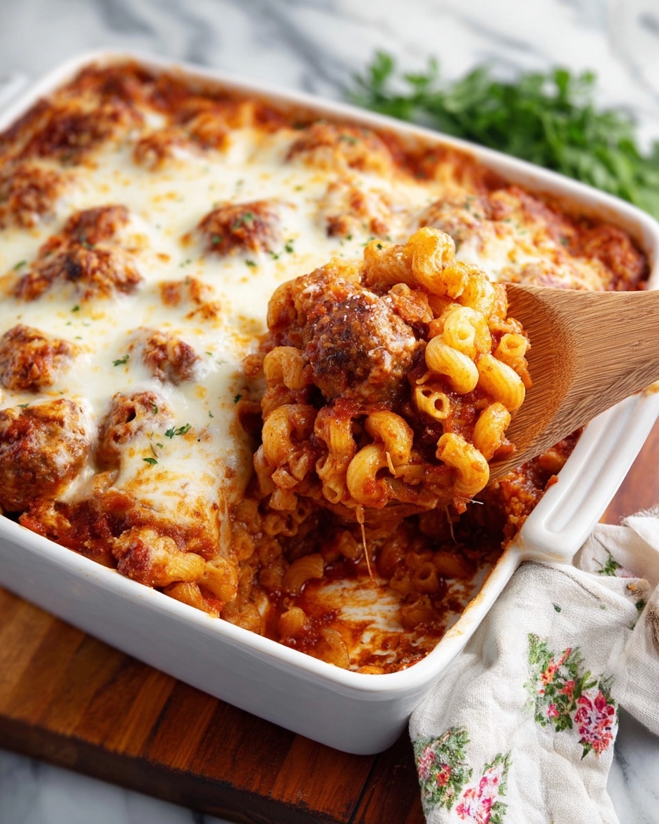 This dish shows a white rectangular baking dish filled with baked pasta layers. The top layer is browned and melted white cheese with some golden spots. Below it is a thick tomato sauce with small meatballs and cavatappi pasta, a curved tube shape, coated fully in red sauce. The pasta and meat are mixed well together in the middle layer. A wooden spoon holds a large scoop of the pasta, showing its dense and saucy texture. The dish sits on a wooden surface with some green herb garnish on the side and a white cloth with a floral pattern nearby, all on a white marbled texture background. Photo taken with an iphone --ar 4:5 --v 7