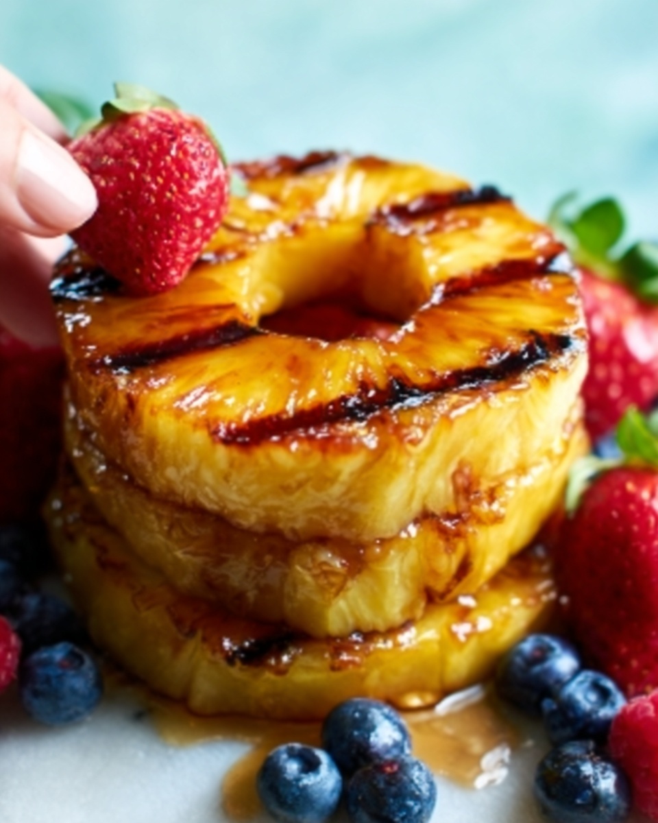 The image shows a stack of three grilled pineapple rings with golden brown grill marks and a shiny glaze on top. The pineapple rings have a juicy, slightly caramelized look. Around the stack, there are fresh strawberries, blueberries, and raspberries resting on a white marbled surface. A woman's hand is about to reach for the stack from the side. The colors are bright and fresh, with the yellow of the pineapple contrasting with the red and blue berries. photo taken with an iphone --ar 4:5 --v 7