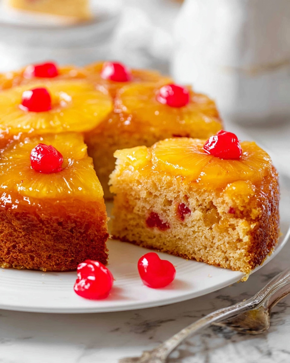 A three-layer pineapple upside-down cake is shown, placed on a white plate over a white marbled surface. The bottom layer is a light brown, moist cake with a fluffy texture, dotted with small pieces of pineapple inside. On top, there is a glossy layer of yellow pineapple rings arranged evenly, each ring topped with a bright red cherry. Some cherries are also scattered around the base of the cake on the plate. The edges of the cake have a golden-brown color, while the pineapple rings have a shiny syrup glaze that gives a rich texture. A small silver fork rests next to the cake slice. Photo taken with an iphone --ar 4:5 --v 7