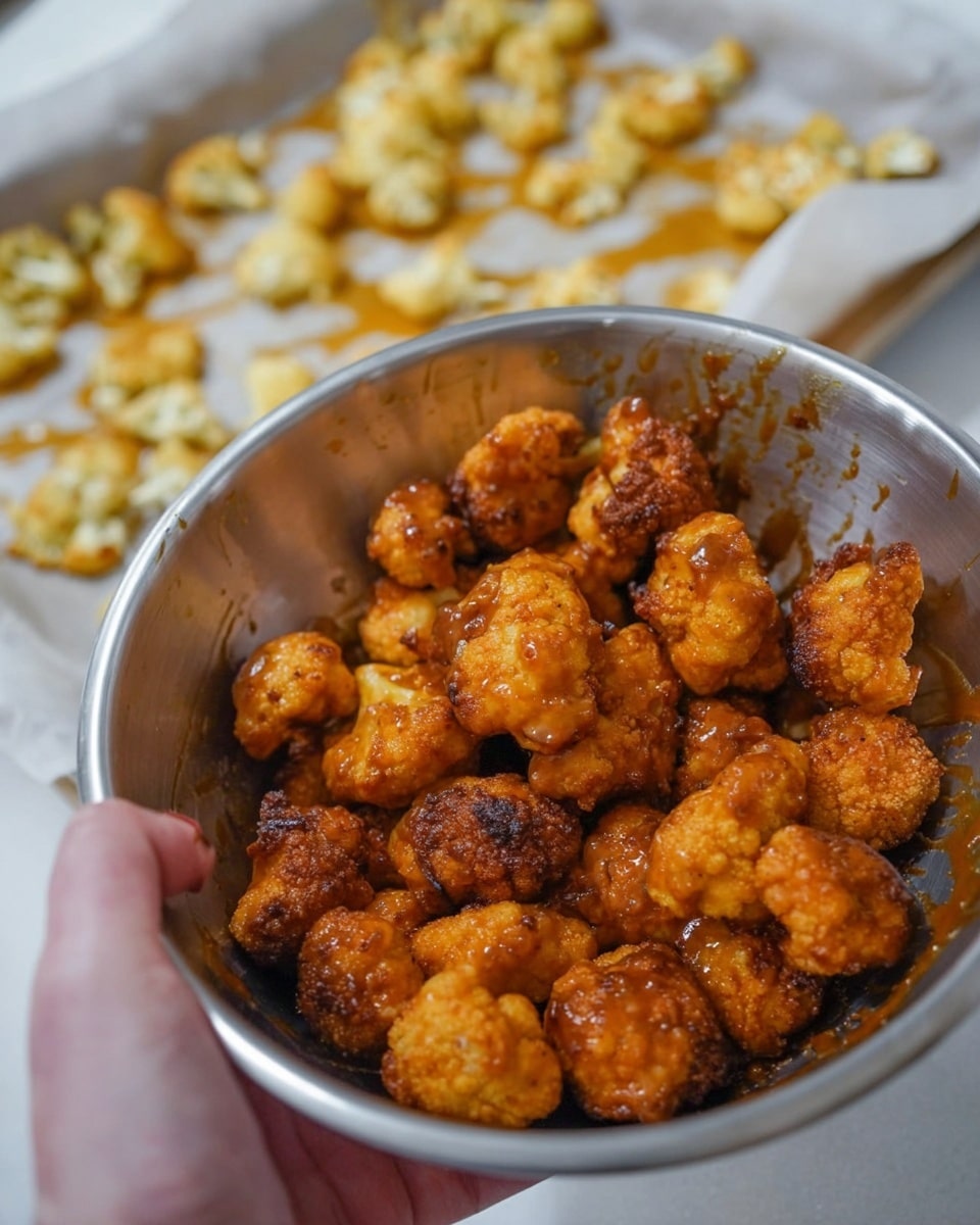 A close-up of a shiny metal bowl filled with about thirty small, golden-orange, crispy cauliflower pieces coated in sauce with some darker charred spots. The bowl is held by a left hand with pale skin, visible against a white marbled background. Behind the bowl, a baking sheet with light golden roasted cauliflower pieces scattered on parchment paper is visible, out of focus. photo taken with an iphone --ar 4:5 --v 7