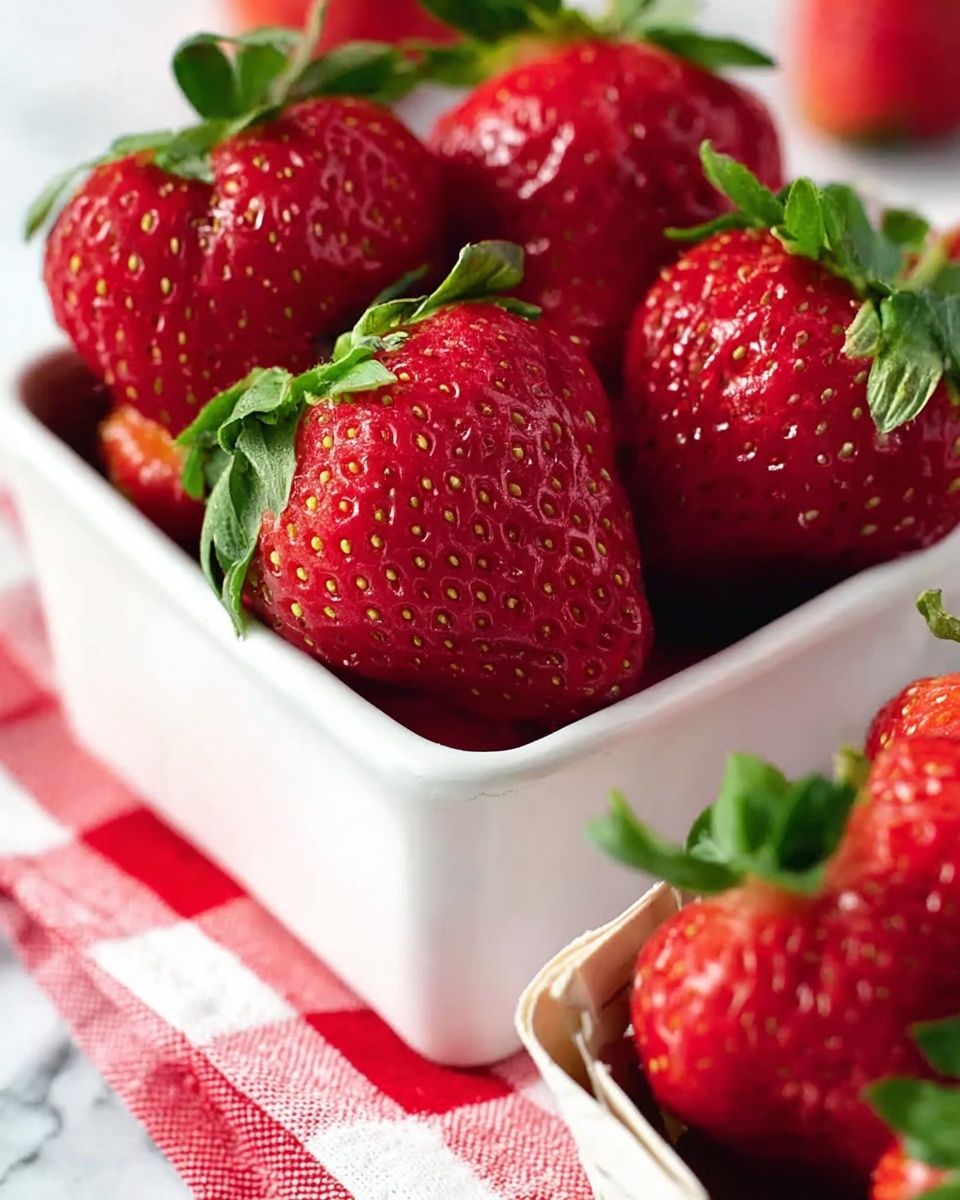 The image shows a close-up of bright red strawberries with green leafy tops in a small white basket. The strawberries have small yellow seeds and a smooth, shiny surface. The basket sits on a red and white checkered cloth. The background is a white marbled surface. A part of another white container filled with more strawberries is visible at the bottom right corner. Photo taken with an iphone --ar 4:5 --v 7