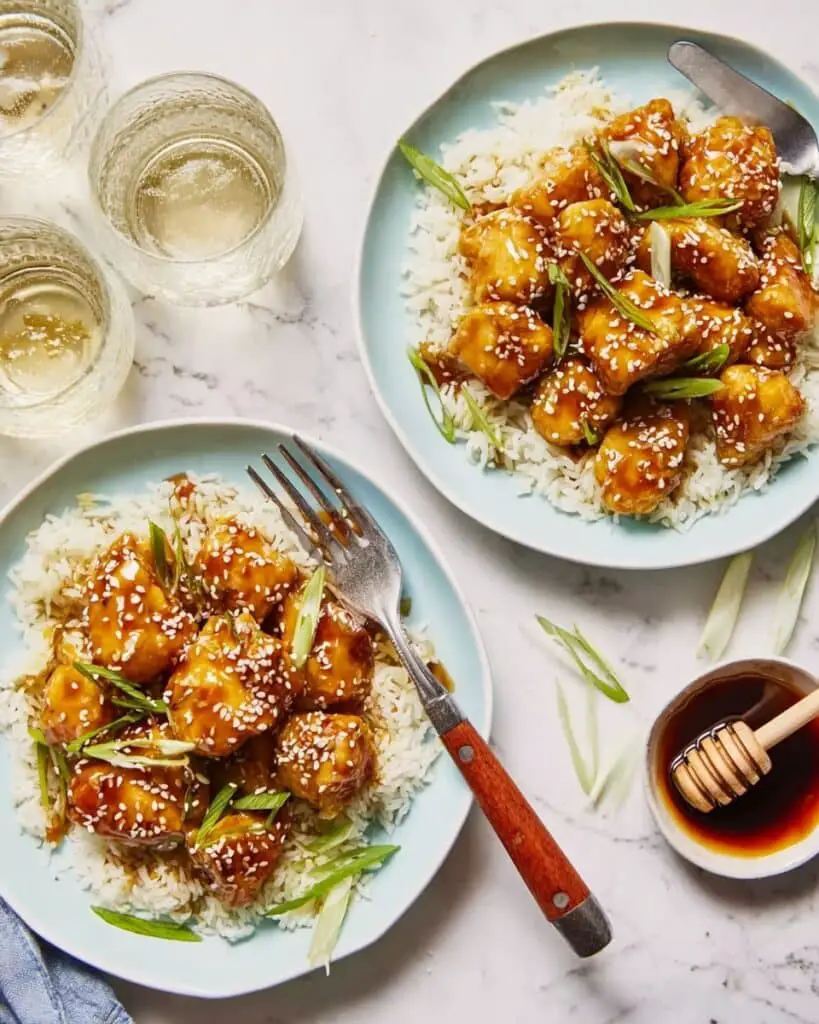Honey-Garlic Chicken Nuggets with Scallions and Sesame Seeds Recipe