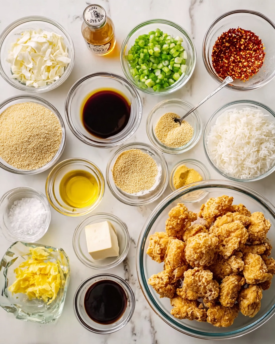 The image shows many small clear glass bowls arranged on a white marbled surface, each filled with different ingredients. In the center is a large bowl filled with golden brown crispy pieces of fried chicken. Surrounding it are bowls containing white rice, light brown powder, dark soy sauce, light yellow honey, sliced green onions, small yellow ginger paste, pale yellow garlic paste, clear liquid, white powder, sesame seeds, a small white cube of butter, and red chili flakes. All the bowls are transparent and round, showing each ingredient clearly. Photo taken with an iphone --ar 4:5 --v 7
