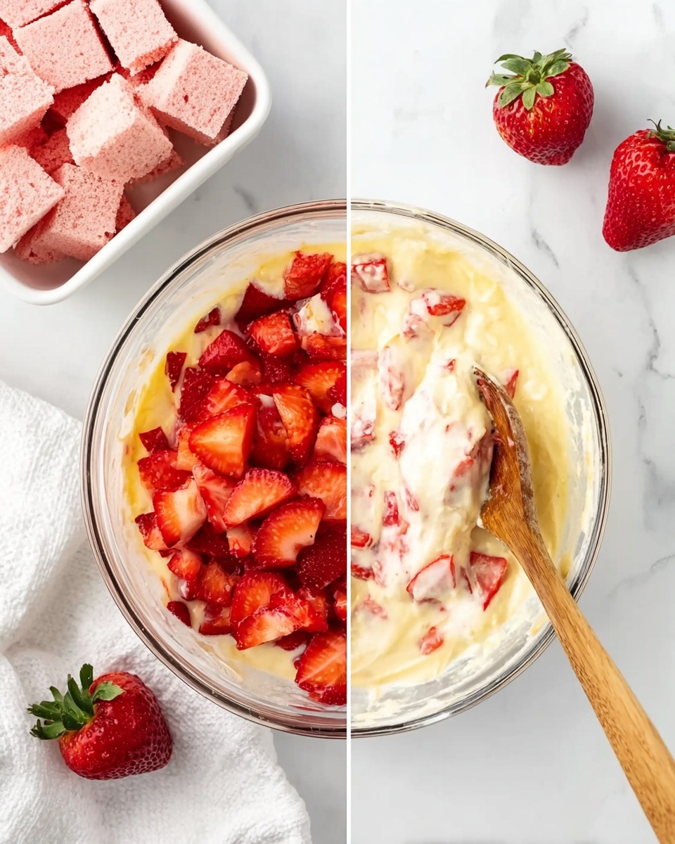 The image shows two parts of a clear glass bowl on a white marbled surface. On the left side, the bowl is filled halfway with a creamy, light yellow mixture at the bottom and topped with fresh bright red sliced strawberries spread evenly. On the right side, the same bowl holds the creamy mixture and strawberries fully mixed together, creating a smooth pale yellow and red speckled texture. There is a wooden spoon resting inside the bowl on the right side. Nearby on the white marbled surface, there are two whole fresh strawberries with green leaves. A white cloth is placed at the bottom left corner, and in the top left corner, there is a white rectangular dish filled with pink sponge cake cubes. Photo taken with an iphone --ar 4:5 --v 7