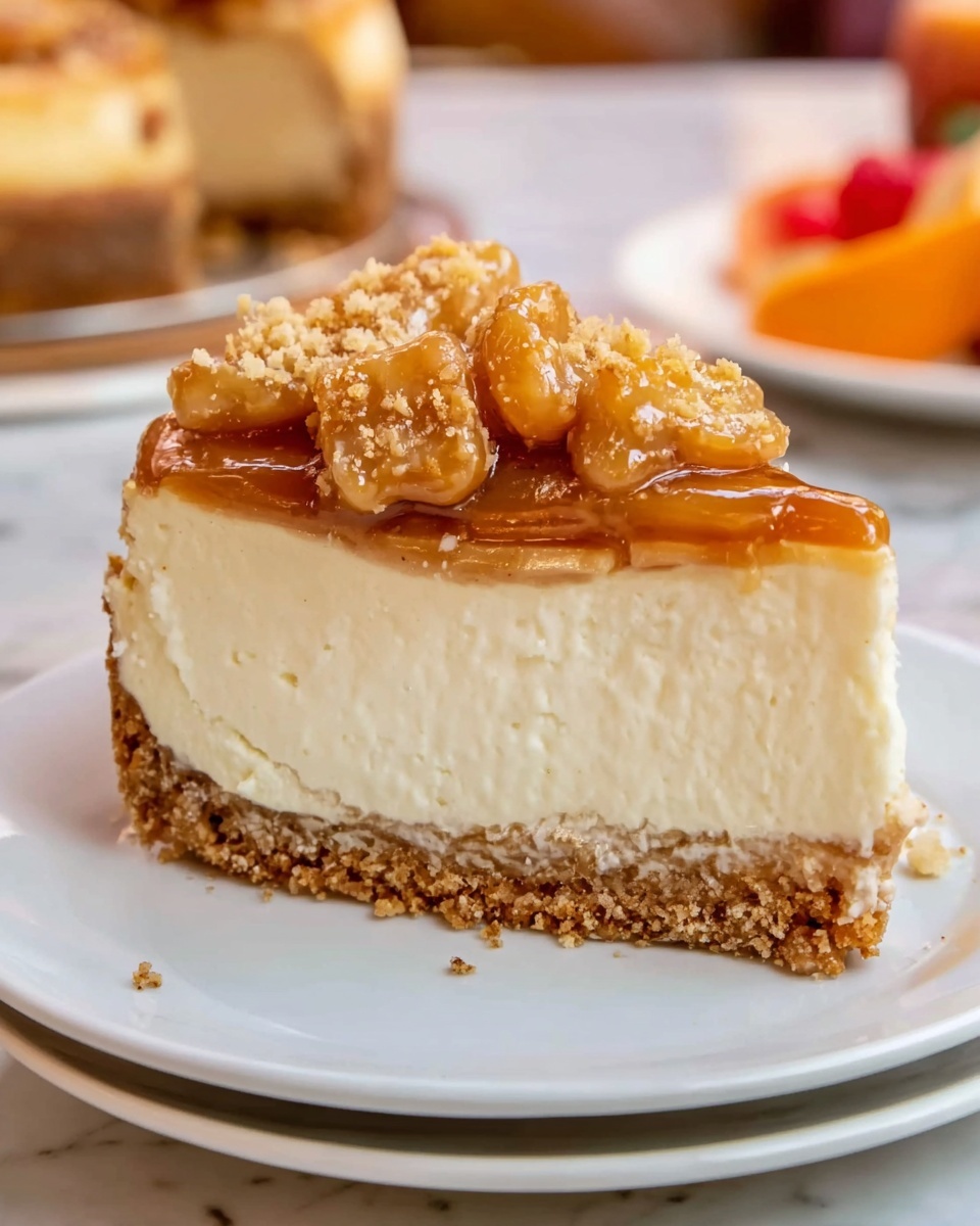 A round cheesecake on a clear glass cake stand with a white marbled surface underneath. The cheesecake has three main layers: a light brown crumbly base at the bottom, a thick creamy beige middle layer, and a generous golden caramel layer on top that drips down the sides. There are banana slices and chopped nuts sprinkled on top of the caramel. The scene includes a stack of white plates with a fork placed on top, and a woman's hand holding a knife on the left side, ready to slice the cake. The background shows a blurred peach-colored glass and peaches. photo taken with an iphone --ar 4:5 --v 7