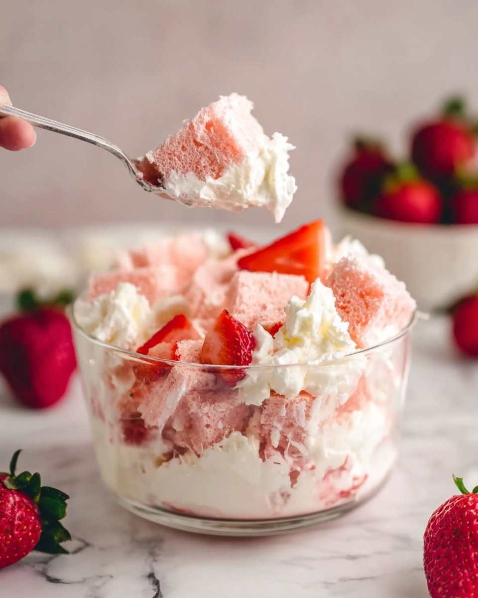 A clear glass bowl filled with layers of white whipped cream at the bottom and light pink sponge cake pieces soaked with juice on top. The pink cake looks soft with airy texture, mixed with dollops of whipped cream and fresh bright red strawberry slices placed around the cake. In the background, out of focus, are whole strawberries with green leaves, all placed on a white marbled surface. A woman's hand holds a spoon scooping into the bowl from the left side. photo taken with an iphone --ar 4:5 --v 7