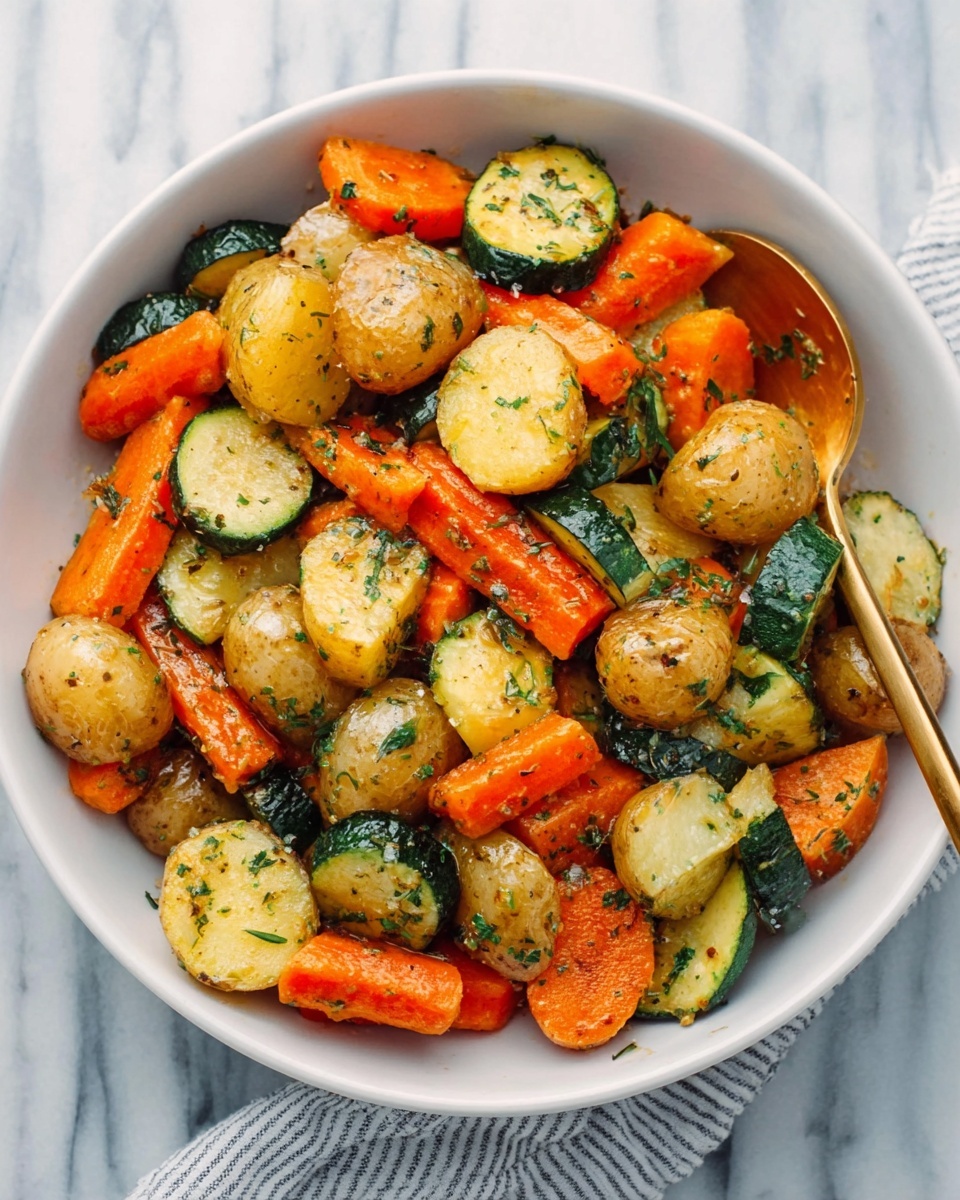 A white bowl filled with a colorful mix of cooked vegetables including bright orange carrot pieces, light brown baby potatoes, and green zucchini slices. The vegetables look soft and shiny, coated with small green herb pieces. A gold spoon rests inside the bowl on a white marbled surface background. Photo taken with an iphone --ar 4:5 --v 7