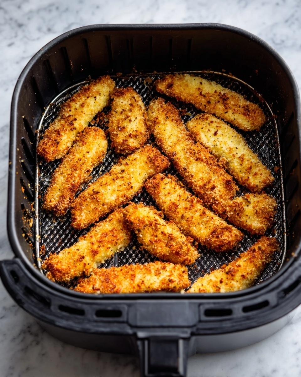 The image shows a black air fryer basket with two layers of crispy chicken strips inside. The top layer has golden brown chicken strips with a crunchy texture, some showing darker brown seasoning spots. The bottom layer holds more chicken strips with a similar texture and color. The basket has a mesh bottom that lets light through, and the chicken strips are arranged close together but not overlapping. The whole scene rests on a white marbled surface. Photo taken with an iphone --ar 4:5 --v 7