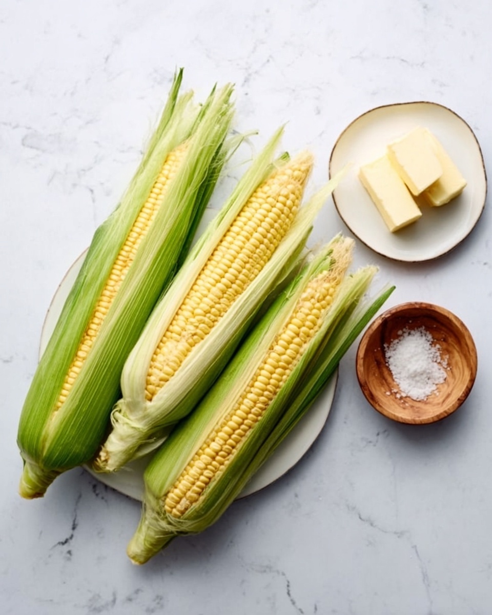 Four ears of corn partially peeled with bright yellow kernels and green husks lie on a white marbled surface. To their right, there is a small white plate with a piece of pale yellow butter and next to it is a small round wooden bowl with coarse salt. The scene is clean and bright, with natural light highlighting the textures of the corn and butter. photo taken with an iphone --ar 4:5 --v 7